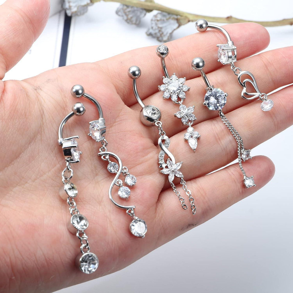 Bauchnabelpiercing Set 6 Stück 14G Chirurgenstahl mit Zirkonia Dangle Silber
