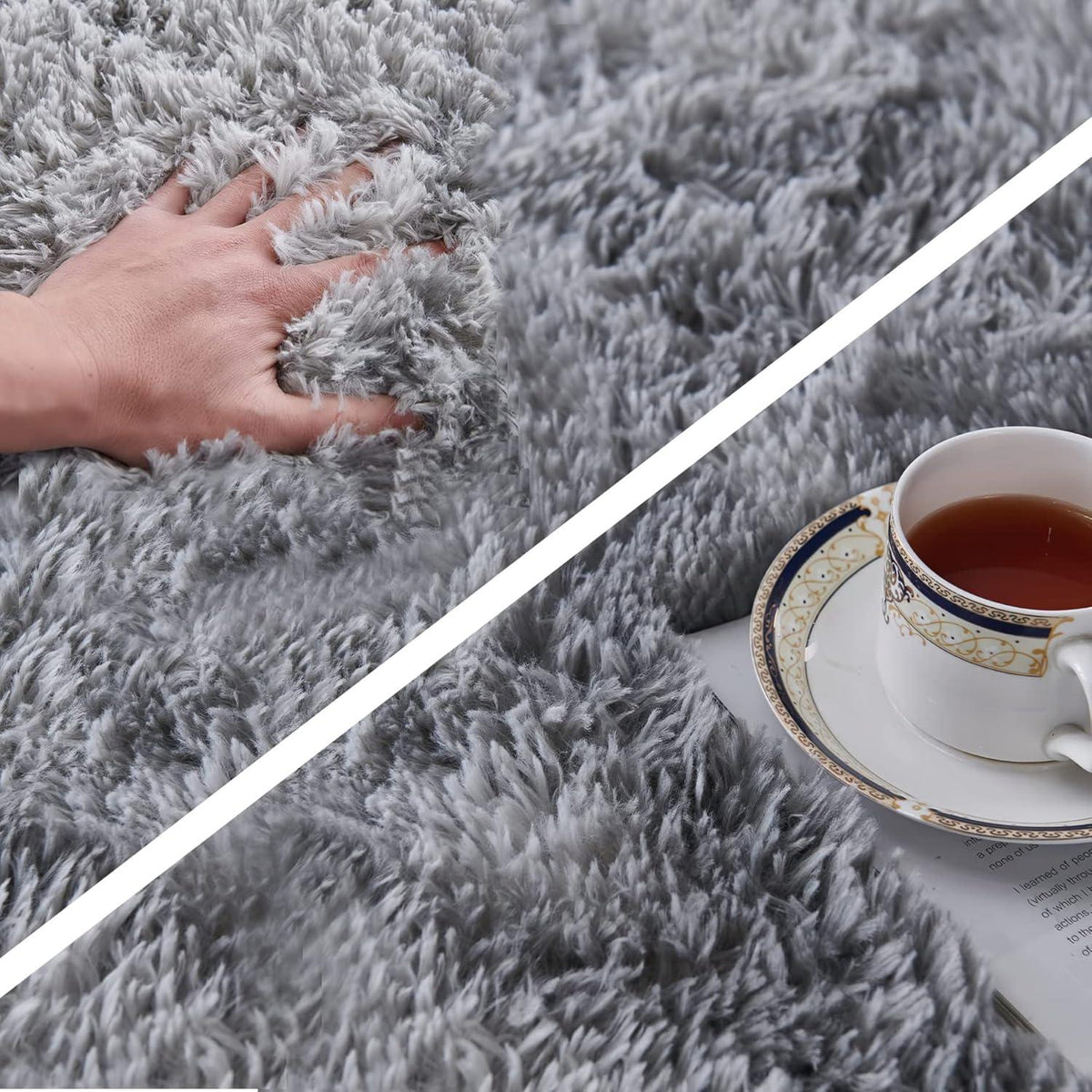 ROHATIM Hochflor Teppich Wohnzimmer 200x300 cm Shaggy hellgrau
