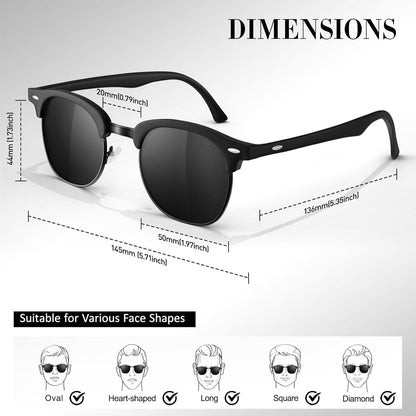 LINVO Polarisierte Sonnenbrille Retro Halbrahmen Herren Damen UV400 1 Schwarz