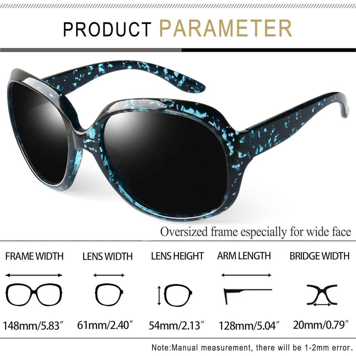 Übergroße Damen Sonnenbrille polarisiert UV400 Leopardblau/Schwarz