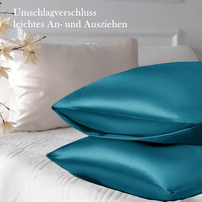 Satin Kissenbezug 2er Set 40x80 Haarpflege Haargummis Blaugrün