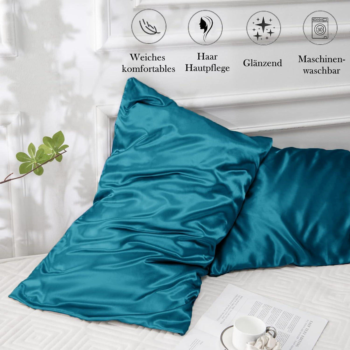 Satin Kissenbezug 2er Set 40x80 cm Petrol Blaugrün Haargummis