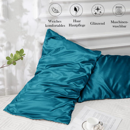Satin Kissenbezug 2er Set 40x80 cm Petrol Blaugrün Haargummis