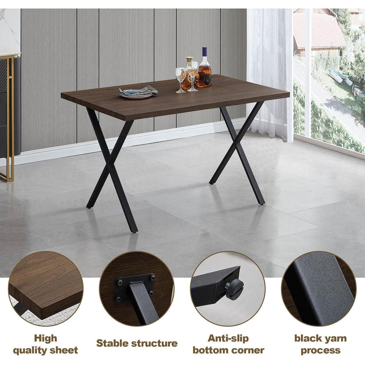 Esszimmergruppe Holz 140cm + 4 Samtstühle Grau