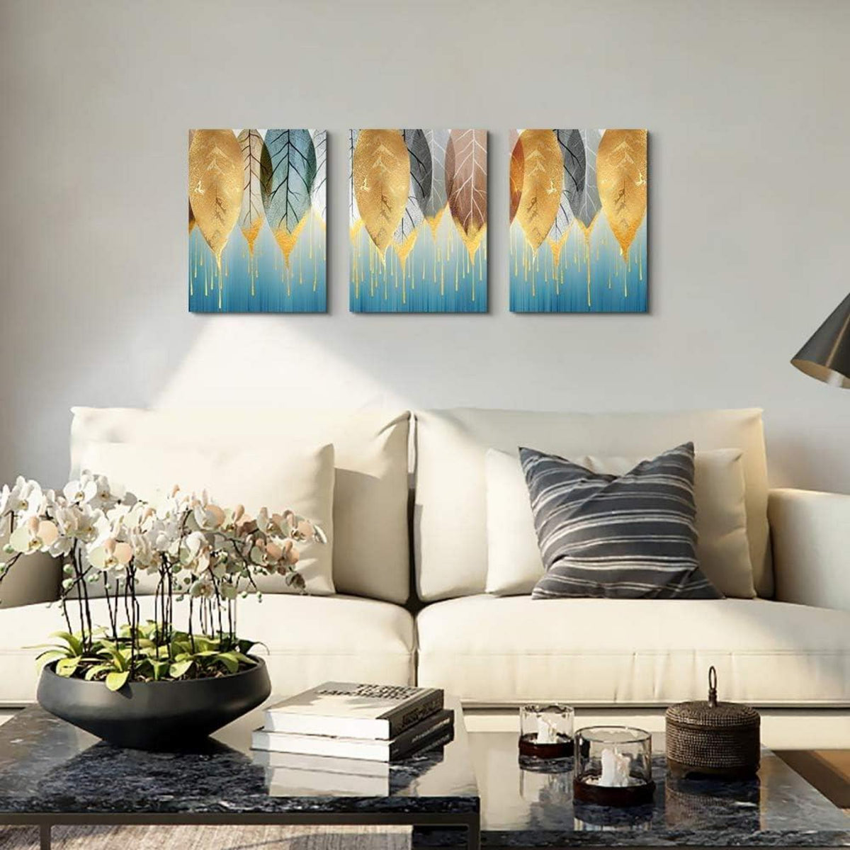 Moderne Blätter Leinwandbild 40x30cm Gold Natur Blau