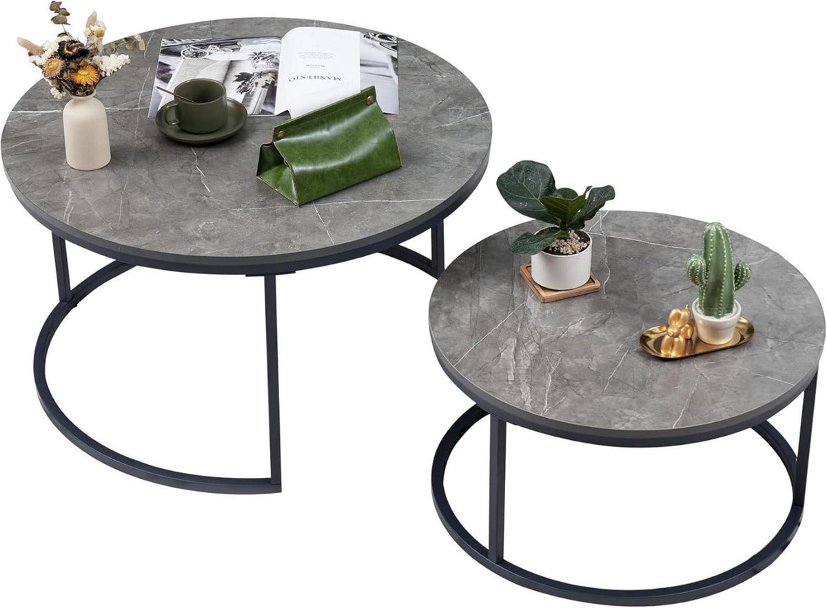 Runder Couchtisch 2er Set Marmoroptik Grau & Metallgestell
