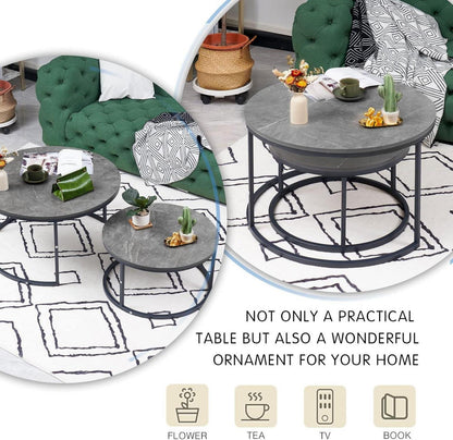 Couchtisch 2er Set Rund Grau Marmor Metallgestell Wohnzimmertisch