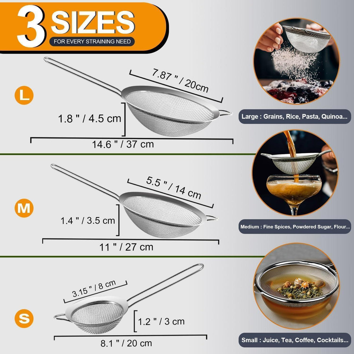 Edelstahl Sieb Set – Feinmaschig zum Backen & Kochen (3 Größen)