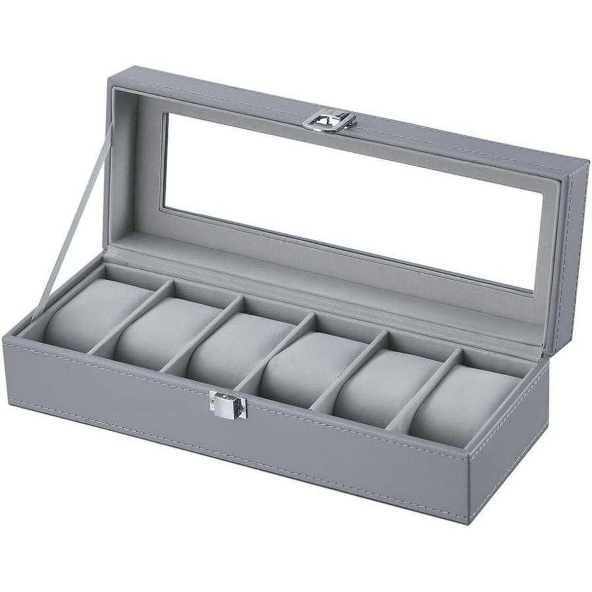 Uhrenbox für 6 Uhren mit Glasfenster, Samt, Grau in Lederoptik