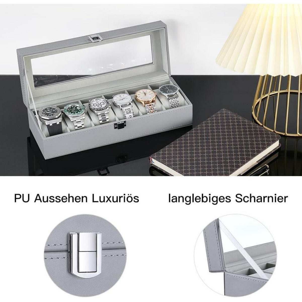 Uhrenbox für 6 Uhren mit Glasfenster, Samt, Grau in Lederoptik