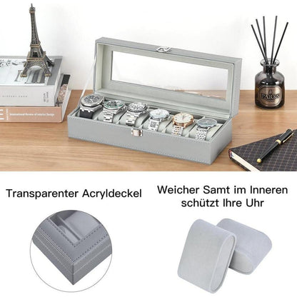 Uhrenbox für 6 Uhren mit Glasfenster, Samt, Grau in Lederoptik