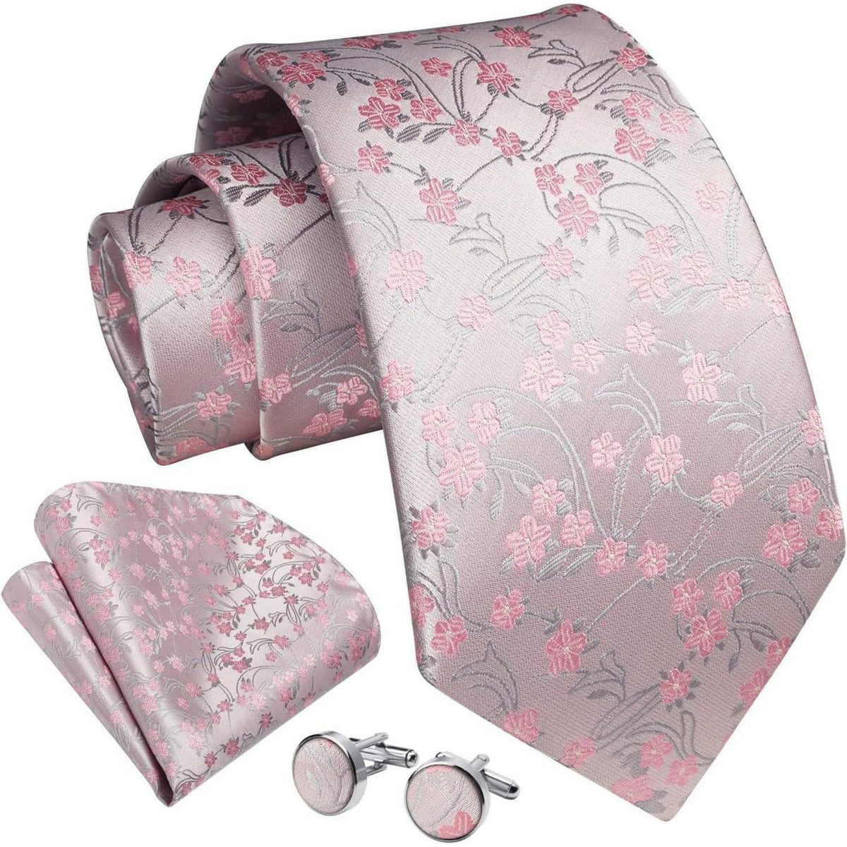 Herren Krawatten-Set Paisley Hell-Pink mit Einstecktuch & Manschettenknöpfen