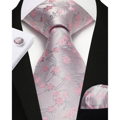 Herren Krawatten-Set Paisley Hell-Pink mit Einstecktuch & Manschettenknöpfen