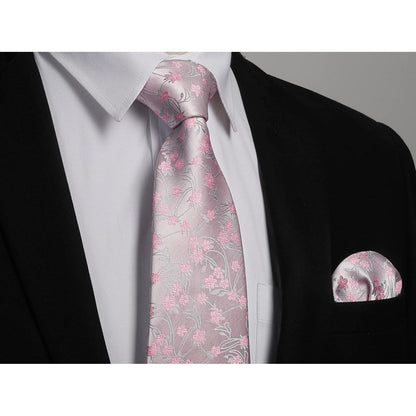 Herren Krawatten-Set Paisley Hell-Pink mit Einstecktuch & Manschettenknöpfen