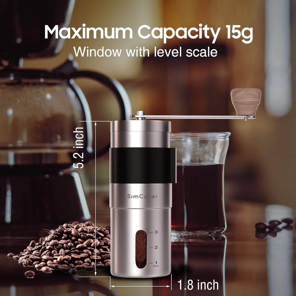 Manuelle Kaffeemühle mit Keramikmahlwerk und Edelstahl, ideal für Reisen