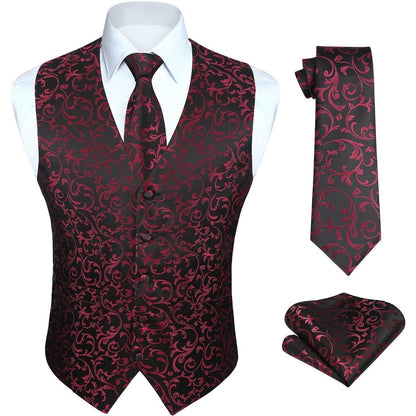 Herren Anzugweste Set Paisley Jacquard mit Krawatte & Einstecktuch Weinrot
