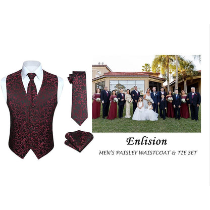 Herren Anzugweste Set Paisley Krawatte Einstecktuch Schwarz-Weinrot