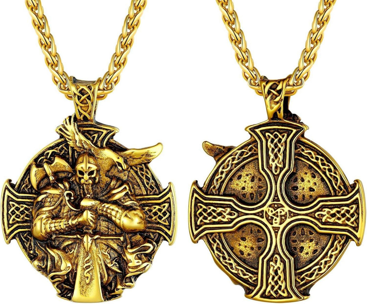 Wikinger Odin Medaille Halskette Edelstahl/18k vergoldet Rund Anhänger