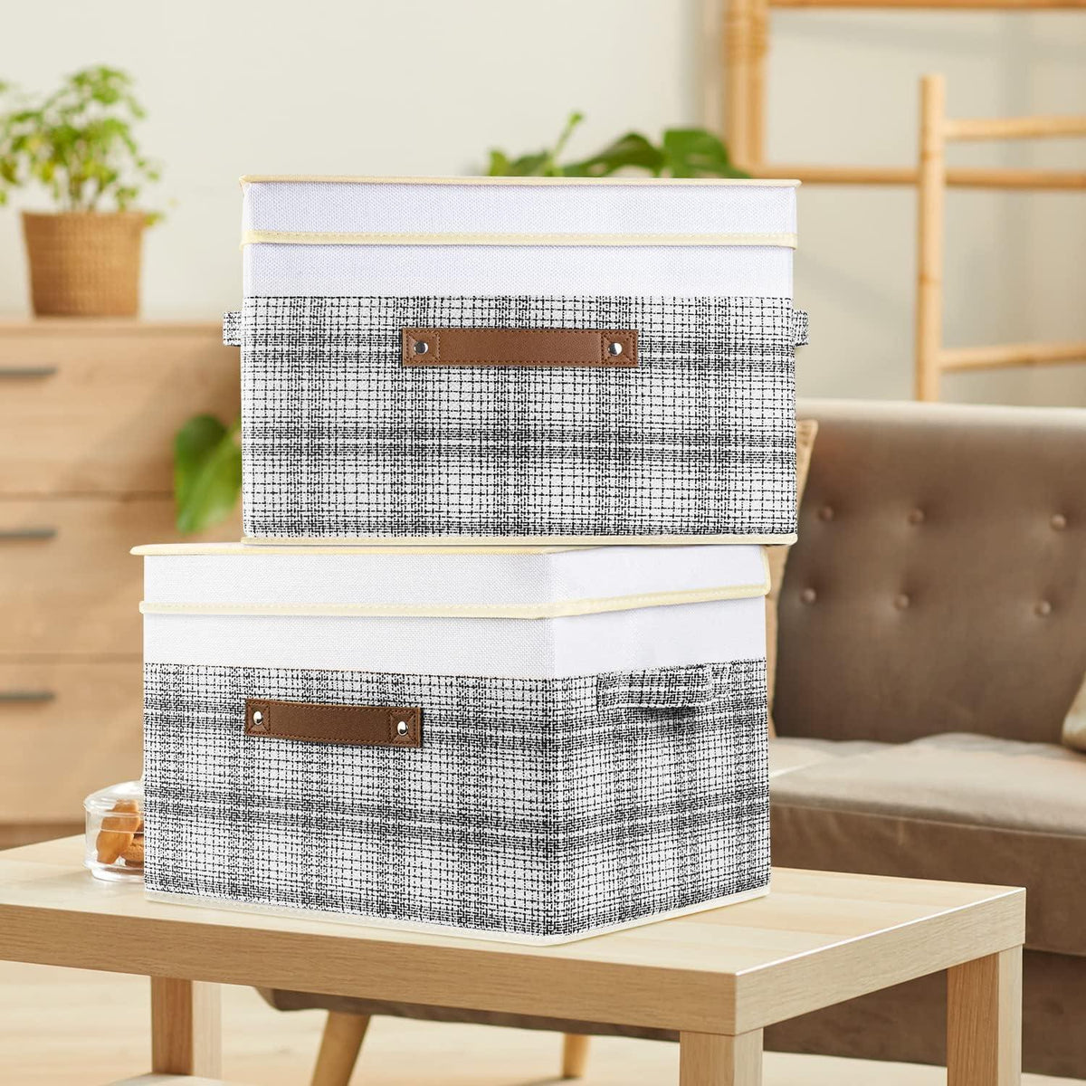 Faltbare Aufbewahrungsbox mit Deckel Patchwork-Design Grau 38x25x25cm