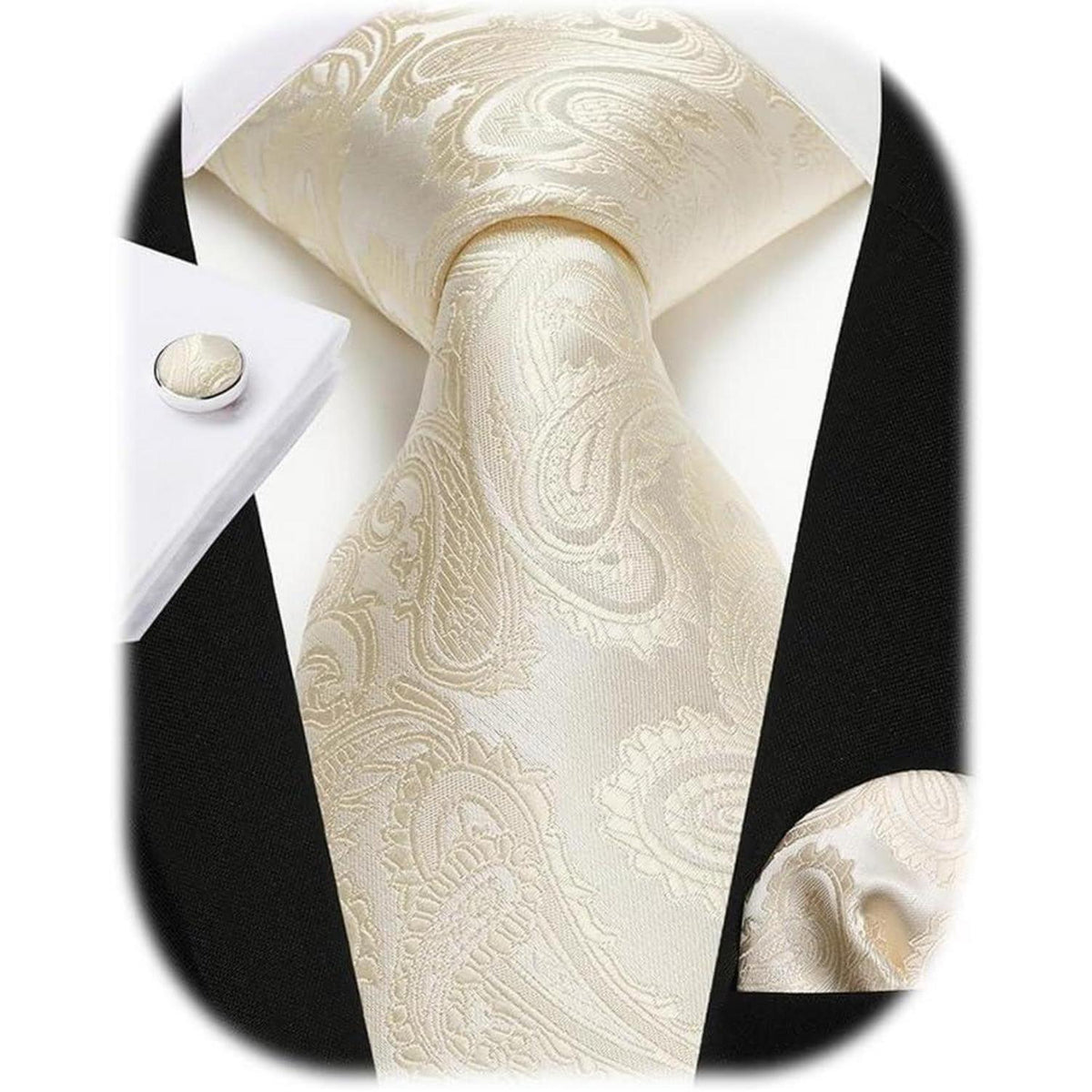 Herren Krawatten Set mit Einstecktuch & Manschettenknöpfen – Seide Paisley Beige/Champagner