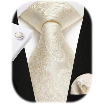 Herren Krawatten Set mit Einstecktuch & Manschettenknöpfen – Seide Paisley Beige/Champagner