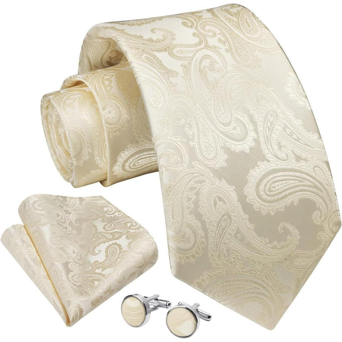 Herren Krawatten Set mit Einstecktuch & Manschettenknöpfen – Seide Paisley Beige/Champagner