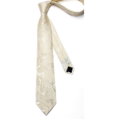 Herren Krawatten Set mit Einstecktuch & Manschettenknöpfen – Seide Paisley Beige/Champagner