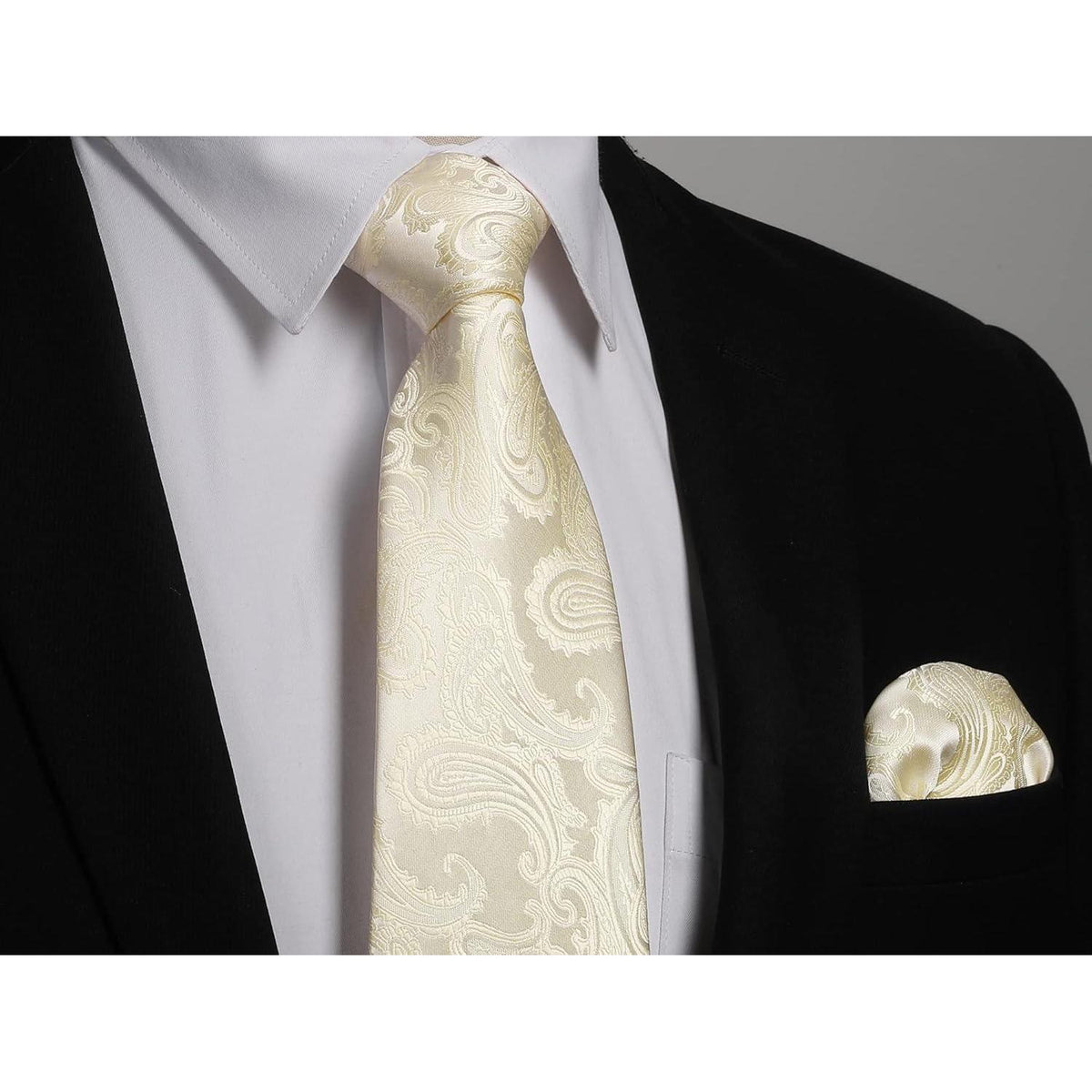 Herren Krawatten Set mit Einstecktuch & Manschettenknöpfen – Seide Paisley Beige/Champagner