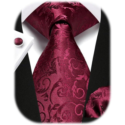 Herren Krawatten Set Seide Paisley mit Einstecktuch & Manschettenknöpfen