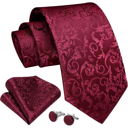 Herren Krawatten Set Seide Paisley mit Einstecktuch & Manschettenknöpfen