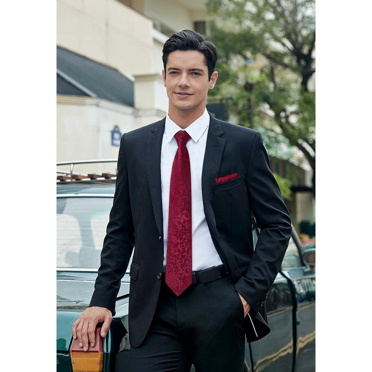 Herren Krawatten Set Seide Paisley mit Einstecktuch & Manschettenknöpfen