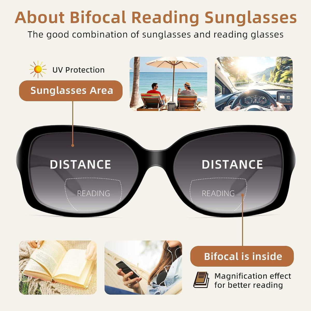 Bifokale Lese-Sonnenbrille Damen Quadratisch Schwarz+Schildkröte