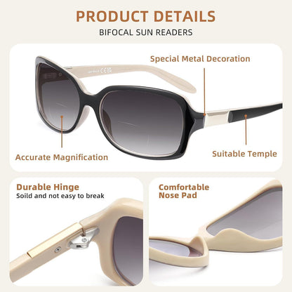 Bifokale Lese-Sonnenbrille Damen Quadratisch Schwarz+Schildkröte