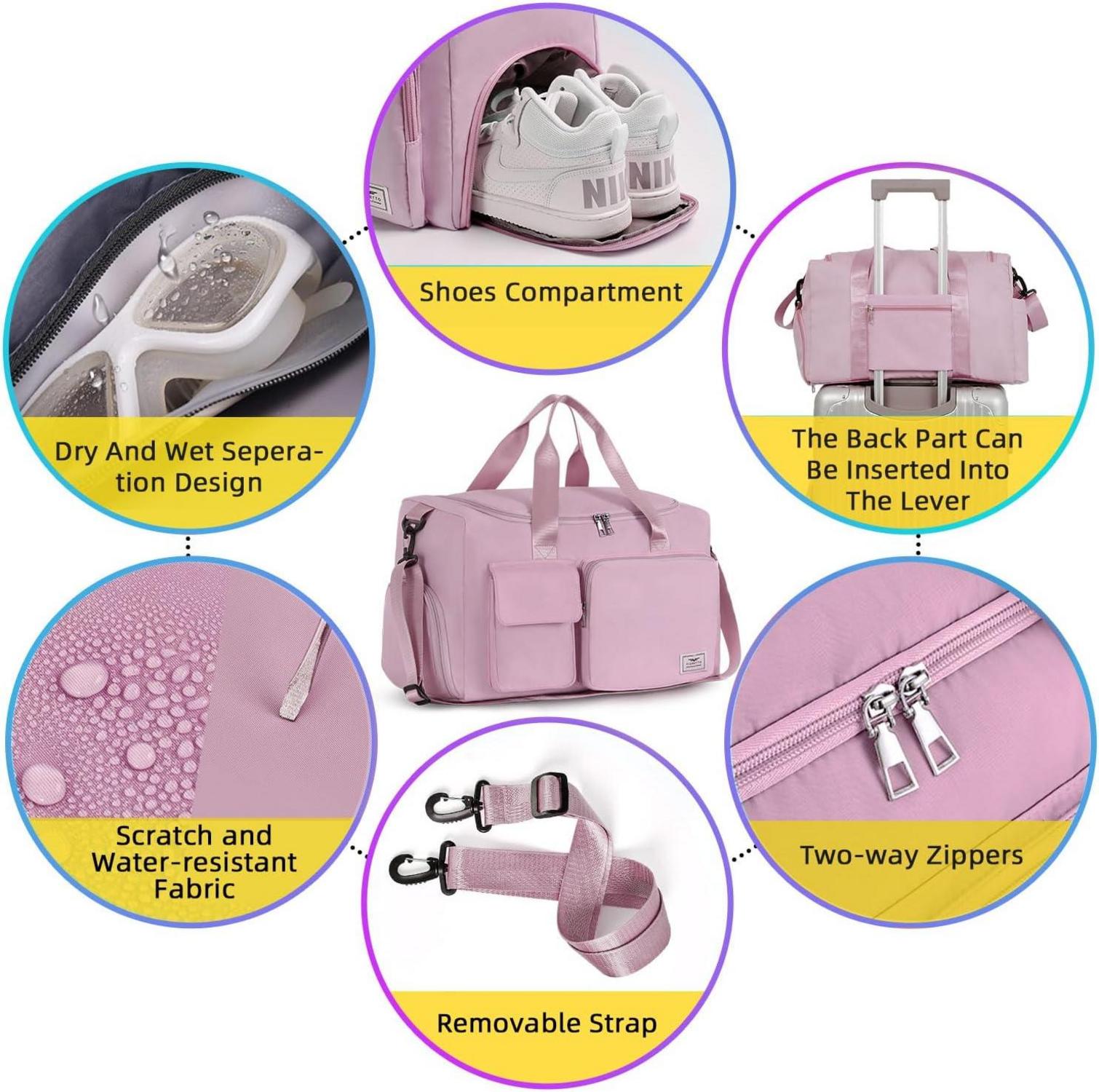 35L Damen Sporttasche: Faltbare Reisetasche mit Schuhfach, Nassfach - Rosa