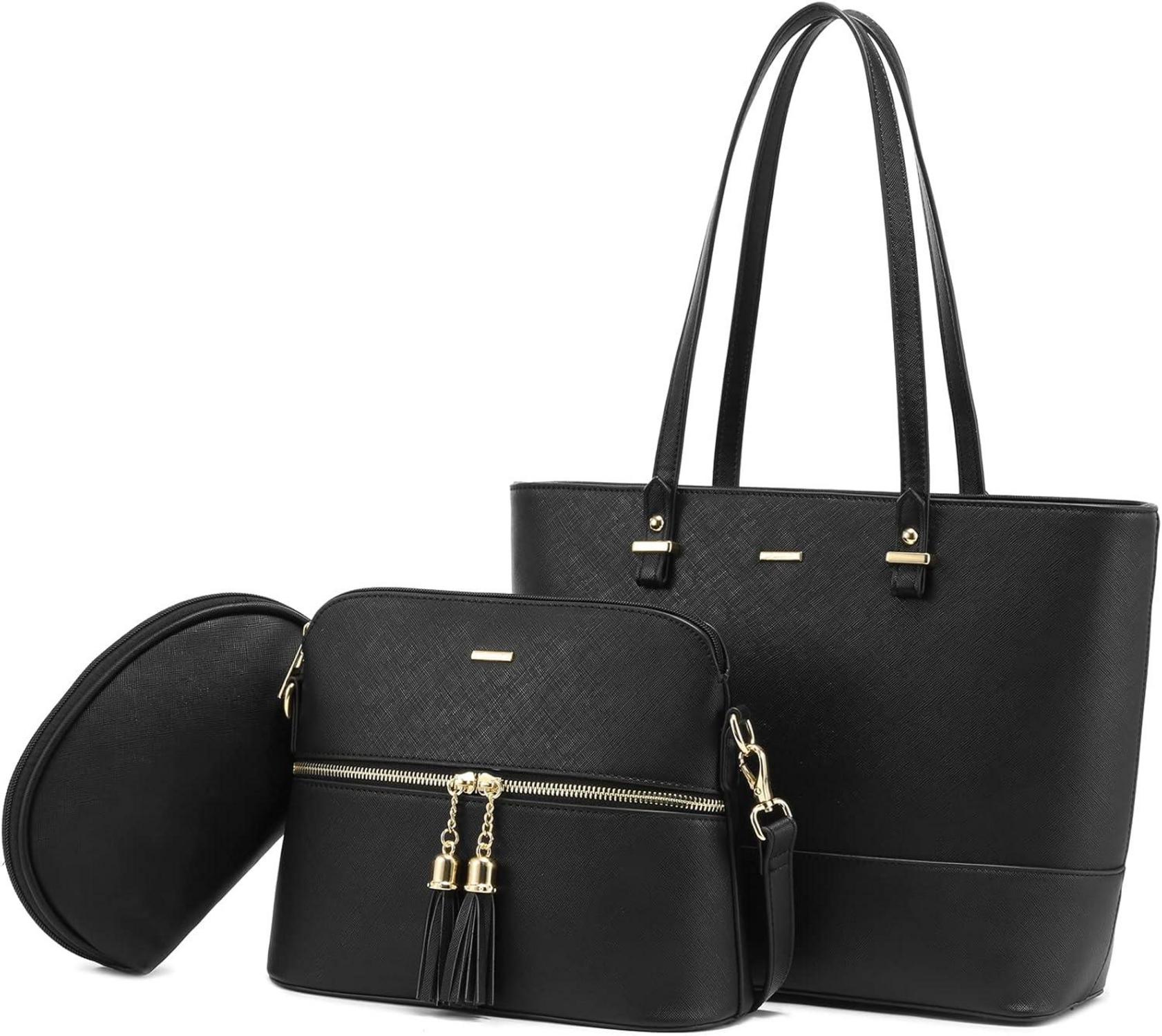 Große Damen Handtasche Set Leder Schultertasche Shopper Schwarz
