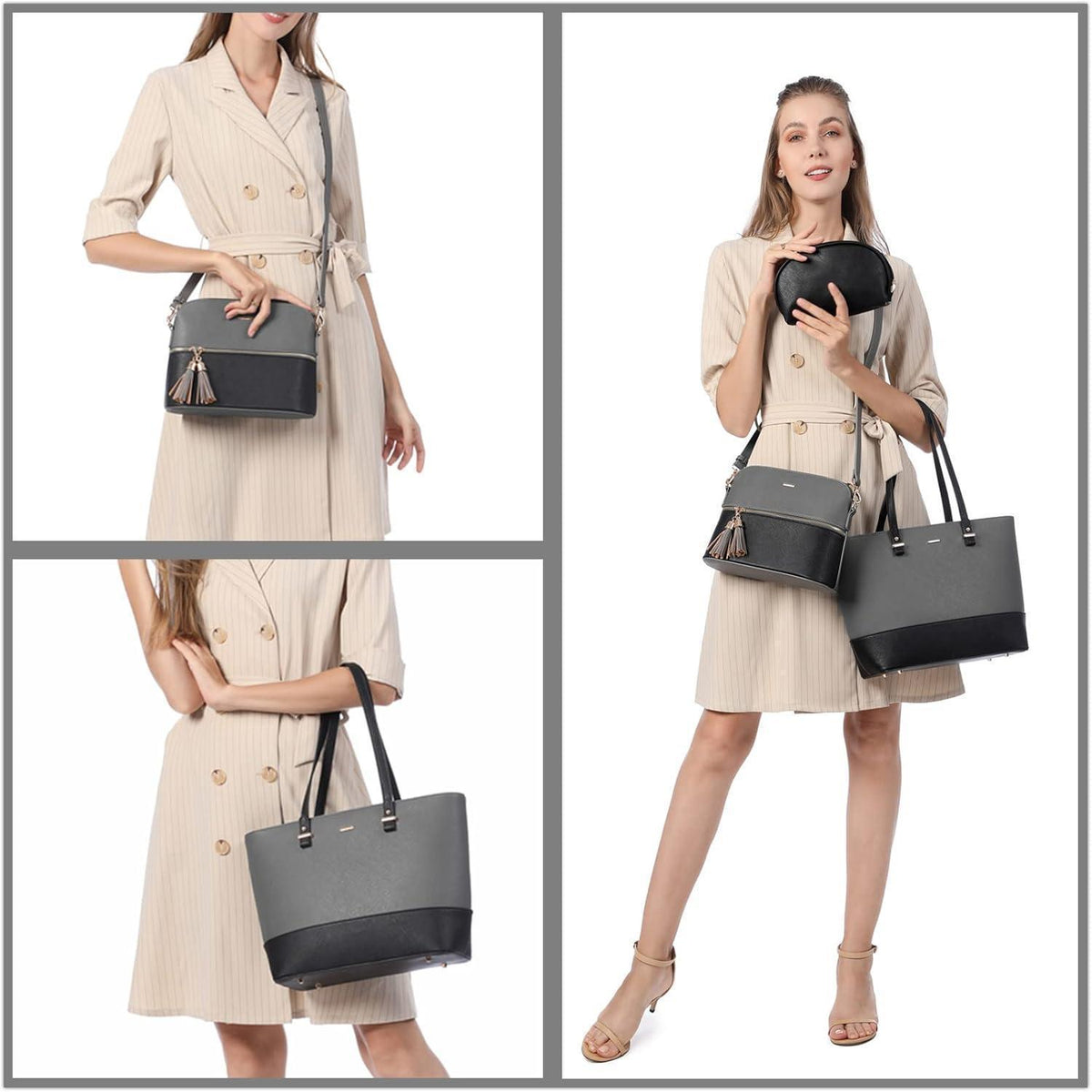 Shopper Set 3-teilig Damen Handtasche Schultertasche Geldbörse Lederoptik Grau-Schwarz