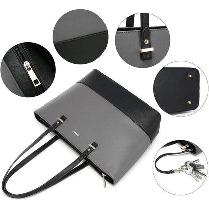 Shopper Set 3-teilig Damen Handtasche Schultertasche Geldbörse Lederoptik Grau-Schwarz