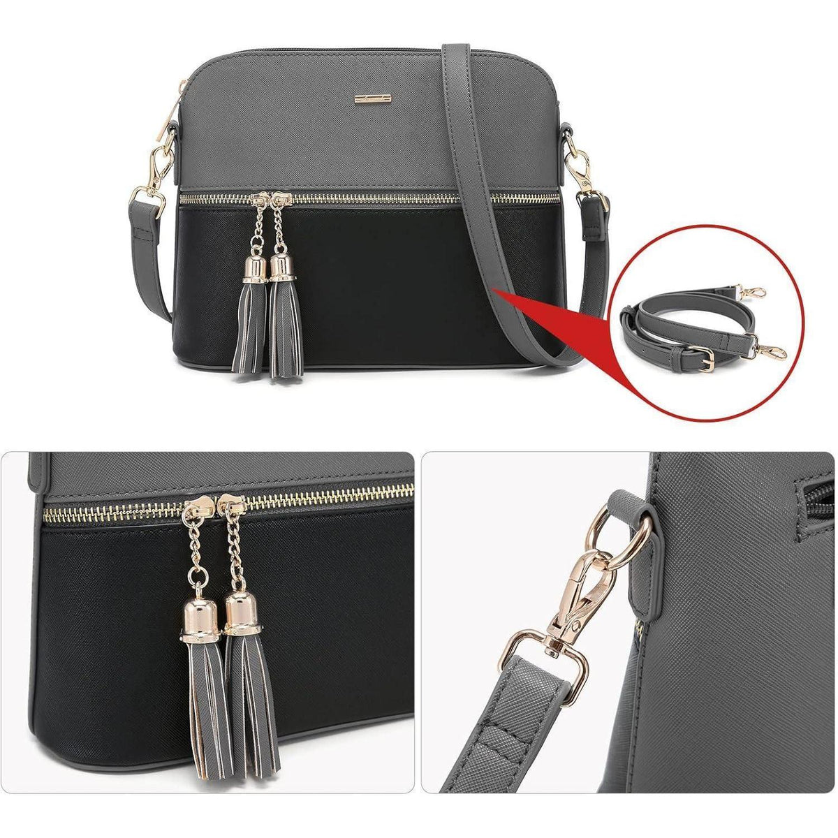 Shopper Set 3-teilig Damen Handtasche Schultertasche Geldbörse Lederoptik Grau-Schwarz