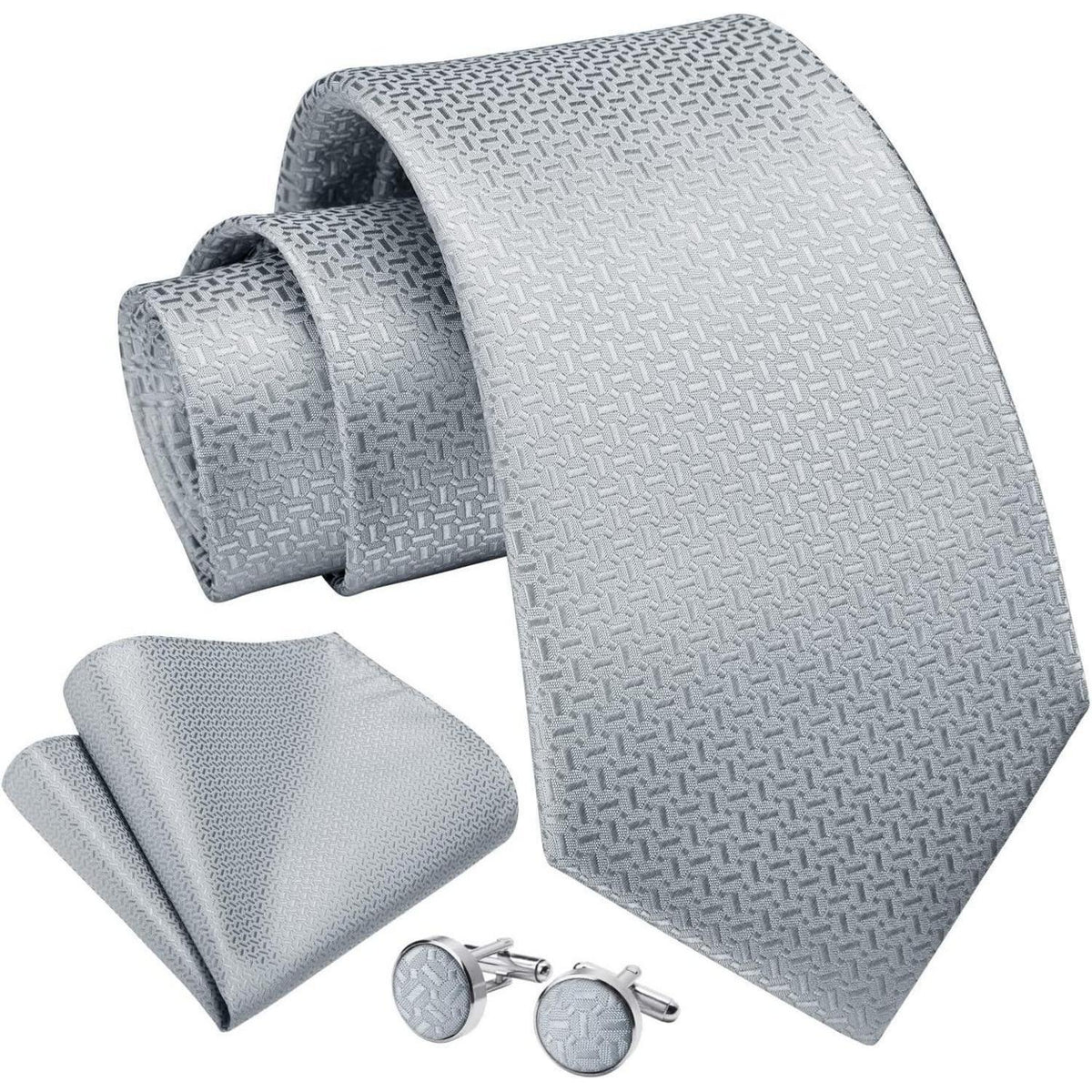 Herren Krawatten Set mit Einstecktuch & Manschettenknöpfen Grau/Silber