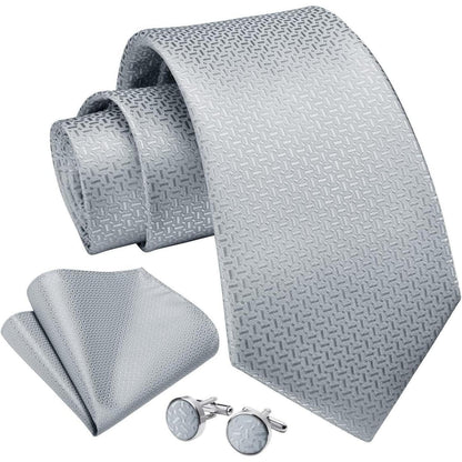 Herren Krawatten Set mit Einstecktuch & Manschettenknöpfen Grau/Silber