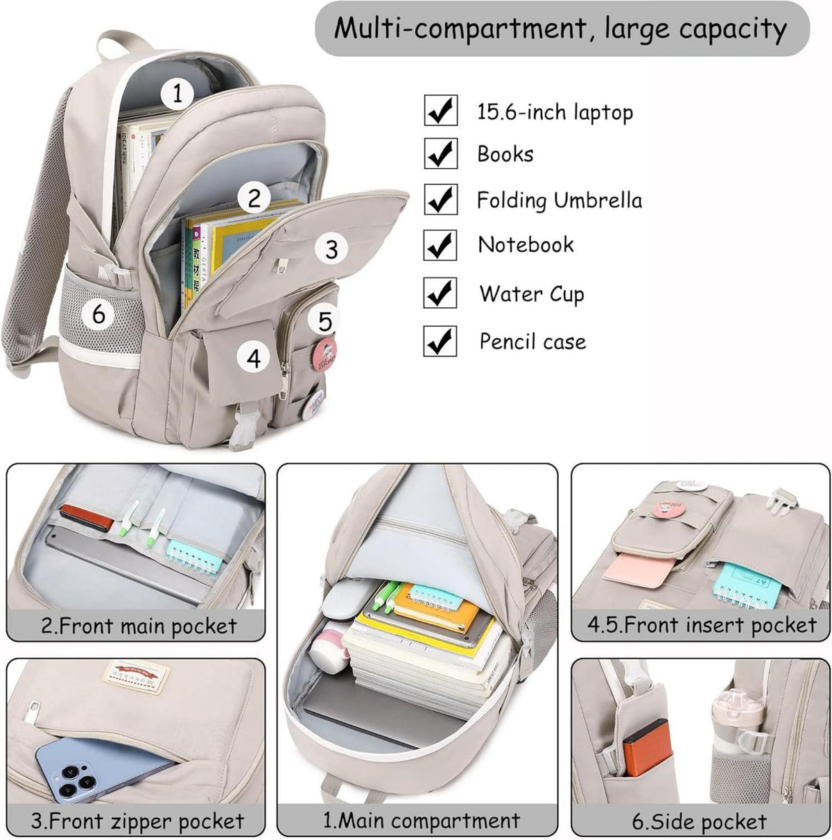 Makukke Damen Rucksack Schulrucksack Mädchen Teenager Anime Bookbag Grau