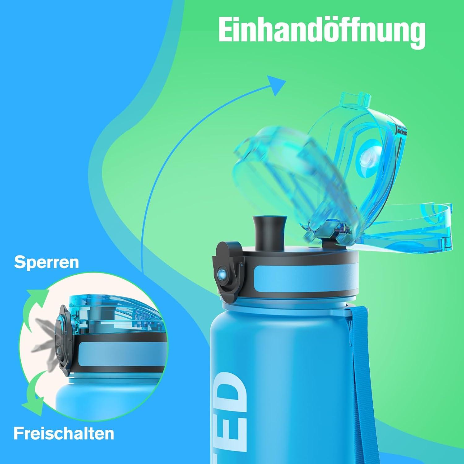 Sport Trinkflasche 1L Auslaufsicher BPA-frei Tritan Blau Soda