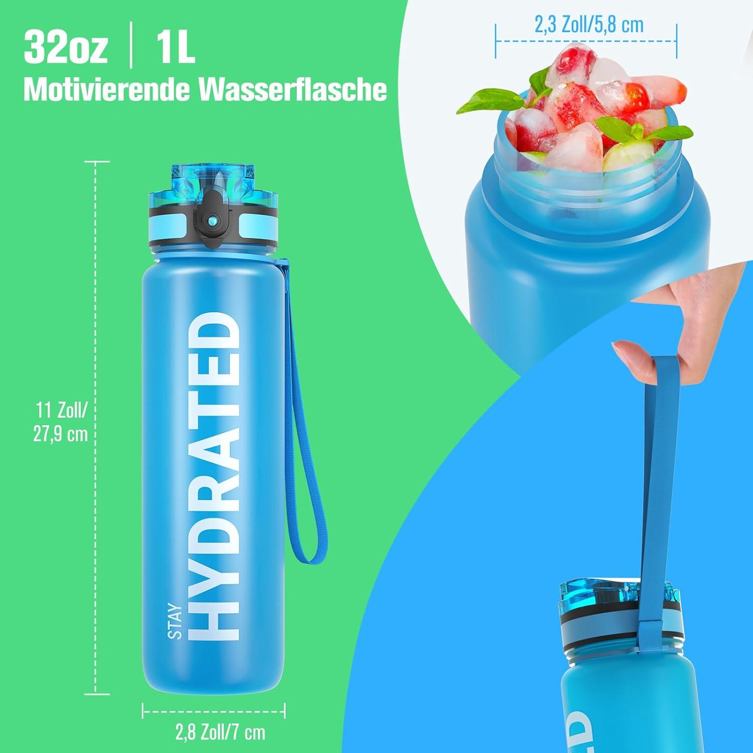 Sport Trinkflasche BPA-frei Tritan 1L Auslaufsicher Blau Yoga Camping Gym