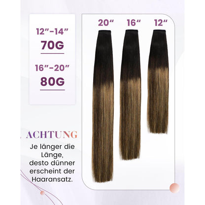 Echthaar Zopf Extension Schwarz Ombre Braun Balayage 40cm