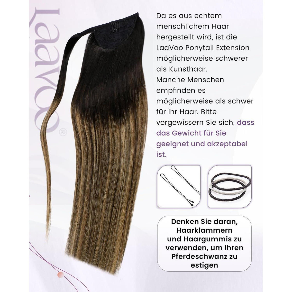 Echthaar Zopf Extension Schwarz Ombre Braun Balayage 40cm