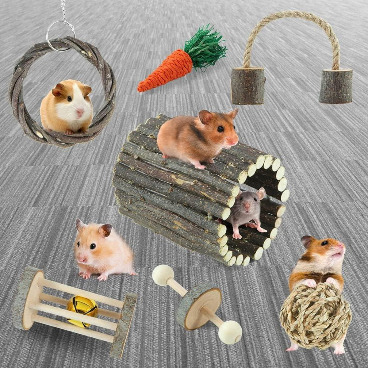 Hamster Spielzeug Set | Apfelholz Sticks Leiter Bell Roller