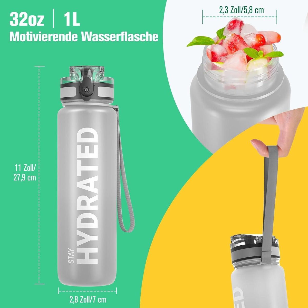 Sport Trinkflasche BPA-frei Tritan 1L Auslaufsicher Grau_nb