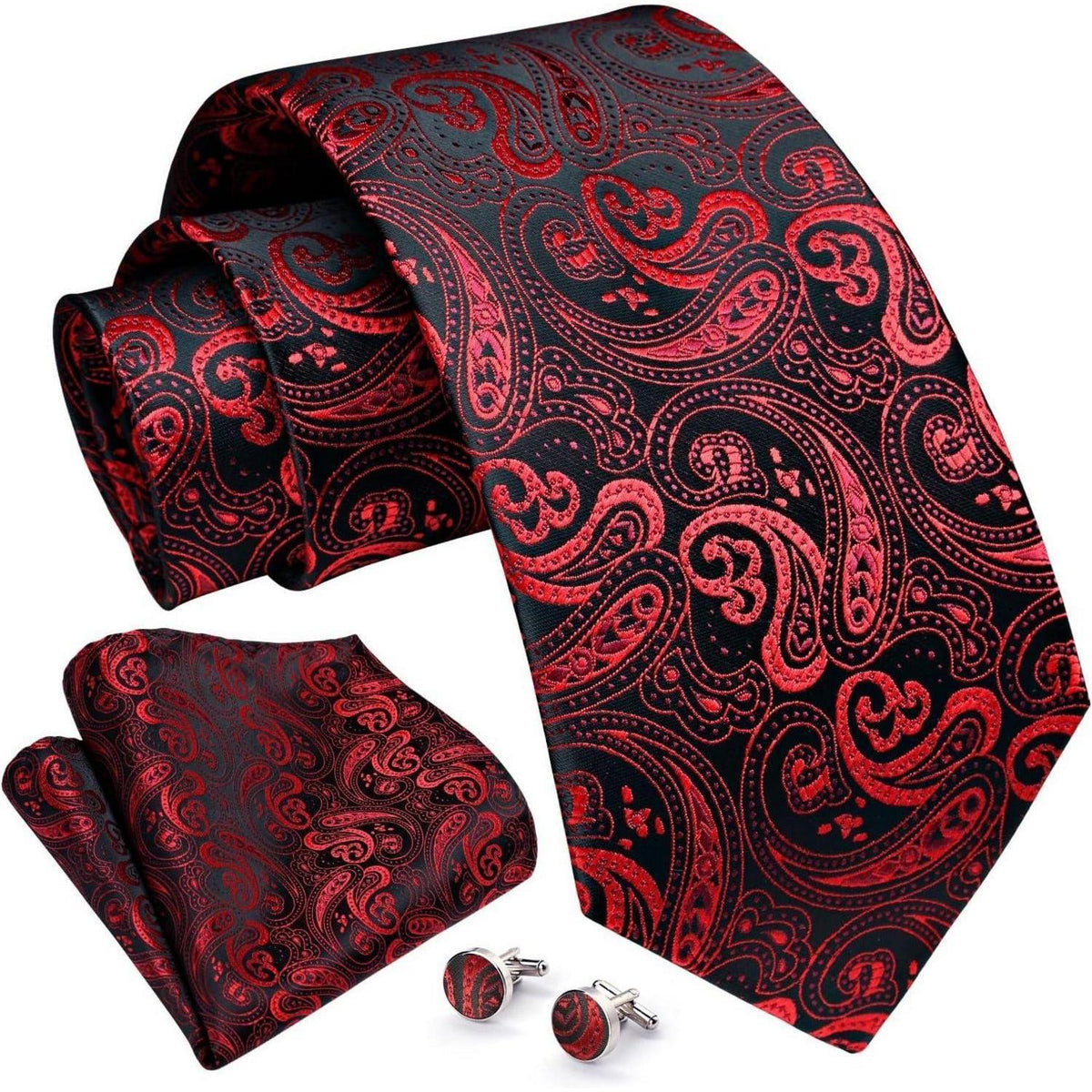 Herren Krawatten Set mit Einstecktuch & Manschettenknöpfen – Paisley Rot Schwarz