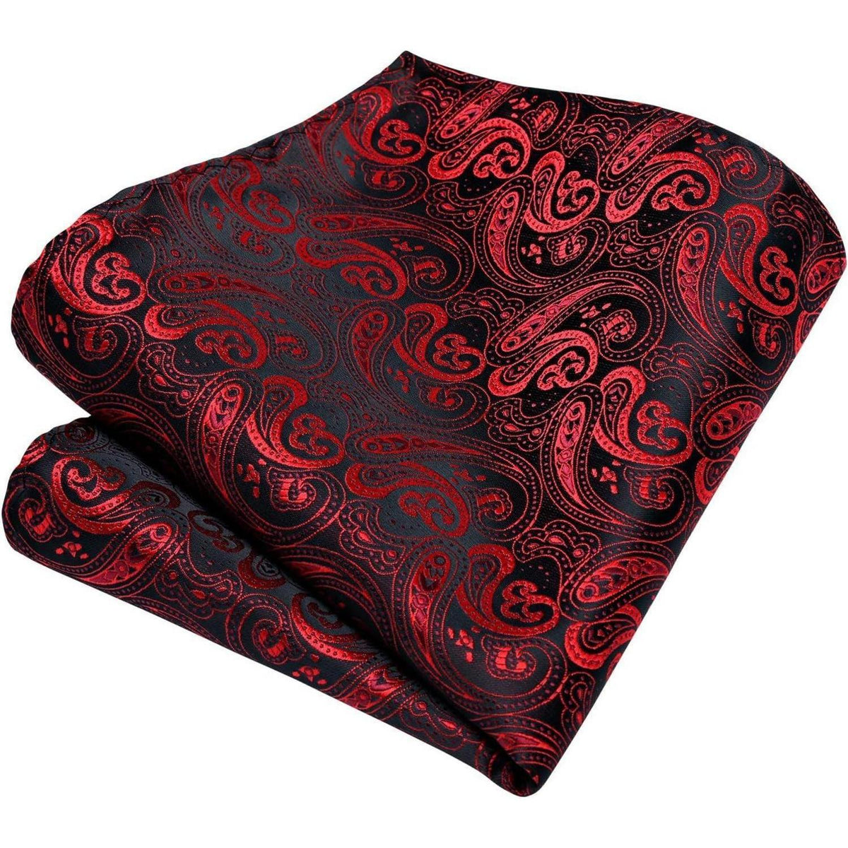 Herren Krawatten Set mit Einstecktuch & Manschettenknöpfen – Paisley Rot Schwarz