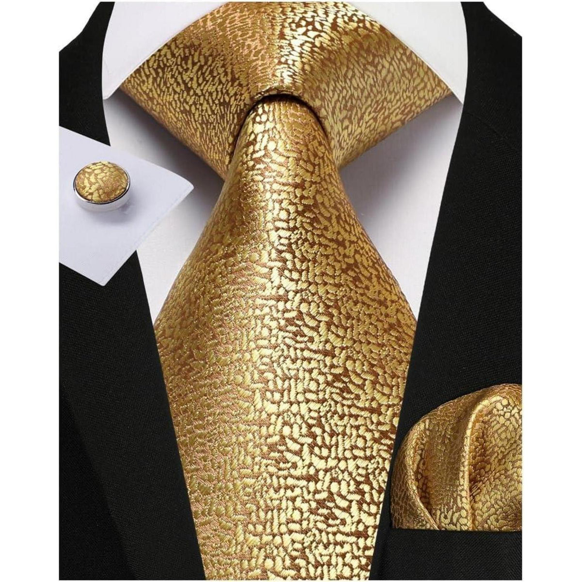 Herren Krawatten Set Paisley mit Einstecktuch & Manschettenknöpfen Gold